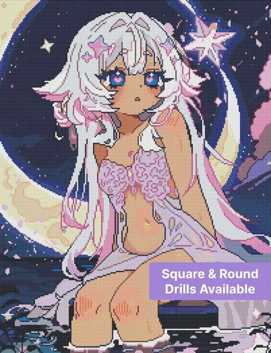 Anime moon girl with white hair, star accents, and pastel fantasy night sky