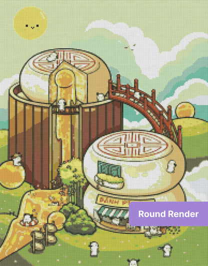 Cute fantasy bakery village with pastel pastry buildings, golden details, and tiny cartoon characters