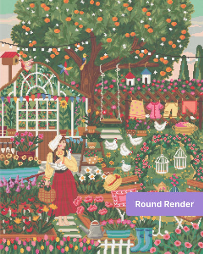 Whimsical cottage garden scene with flowers, chickens, greenhouse, and a woman in traditional dress