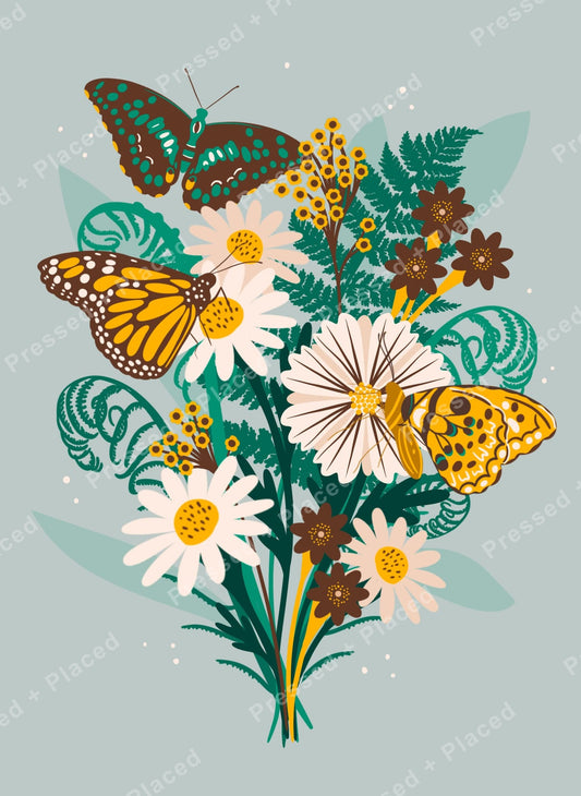 Floral bouquet with colorful butterflies in a whimsical botanical style