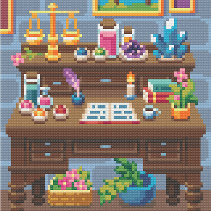 Whimsical witch room diamond art scenes with potion bottles, books, candles, and cozy fantasy decor