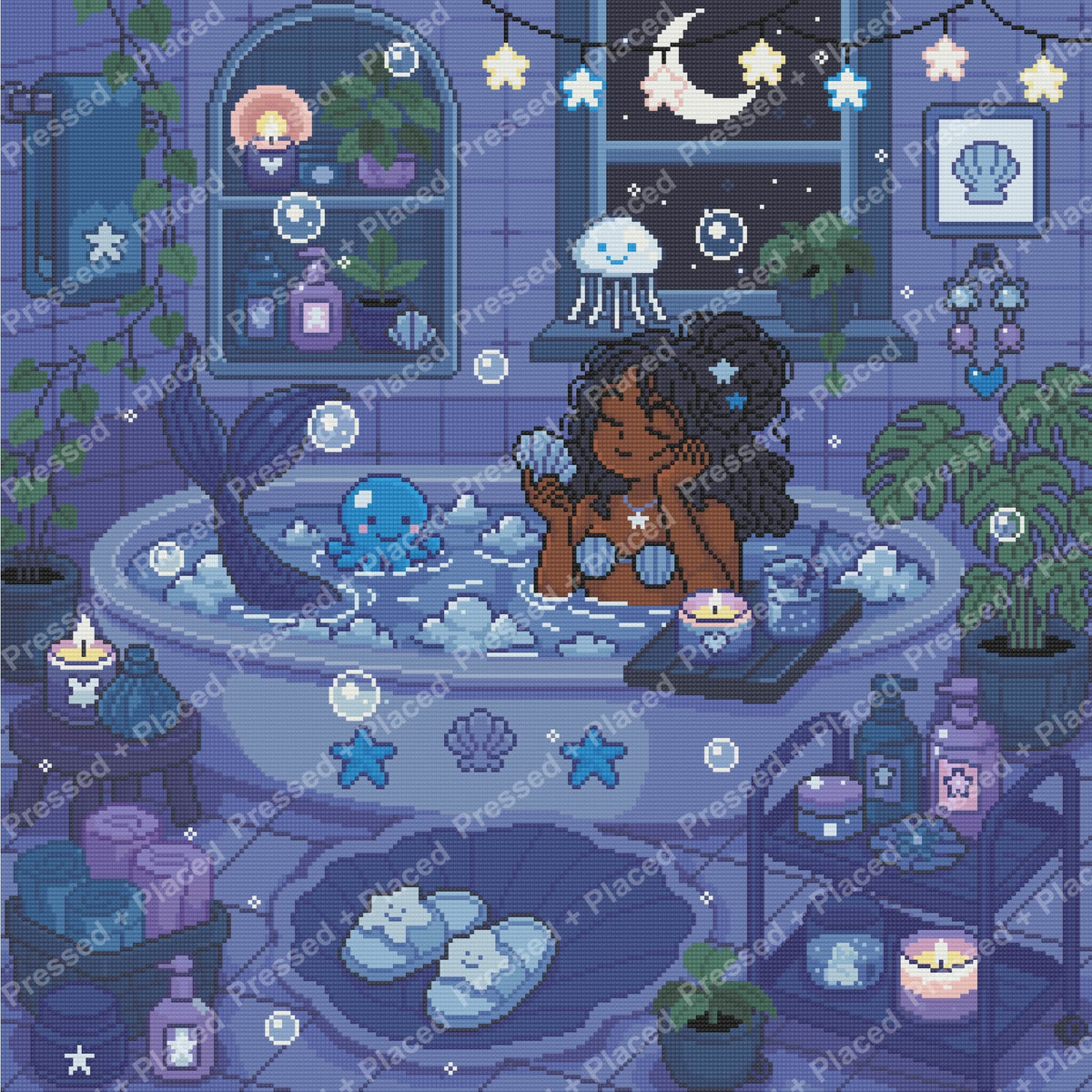 Mermaid bathing in a moonlit fantasy room with shells, stars, candles, and pastel blue tones