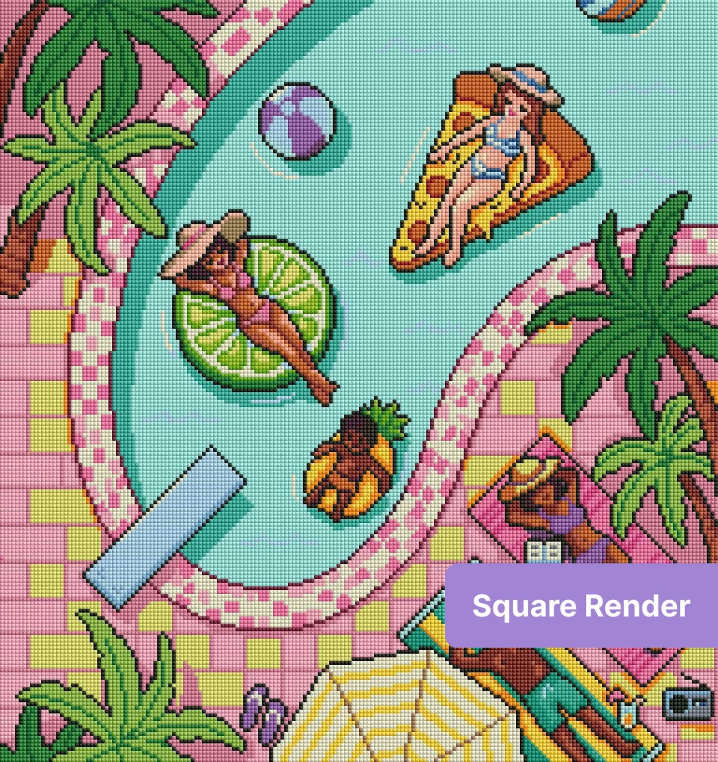 Colorful tropical beach diamond art with surfboards, palm leaves, and pastel coastal tones