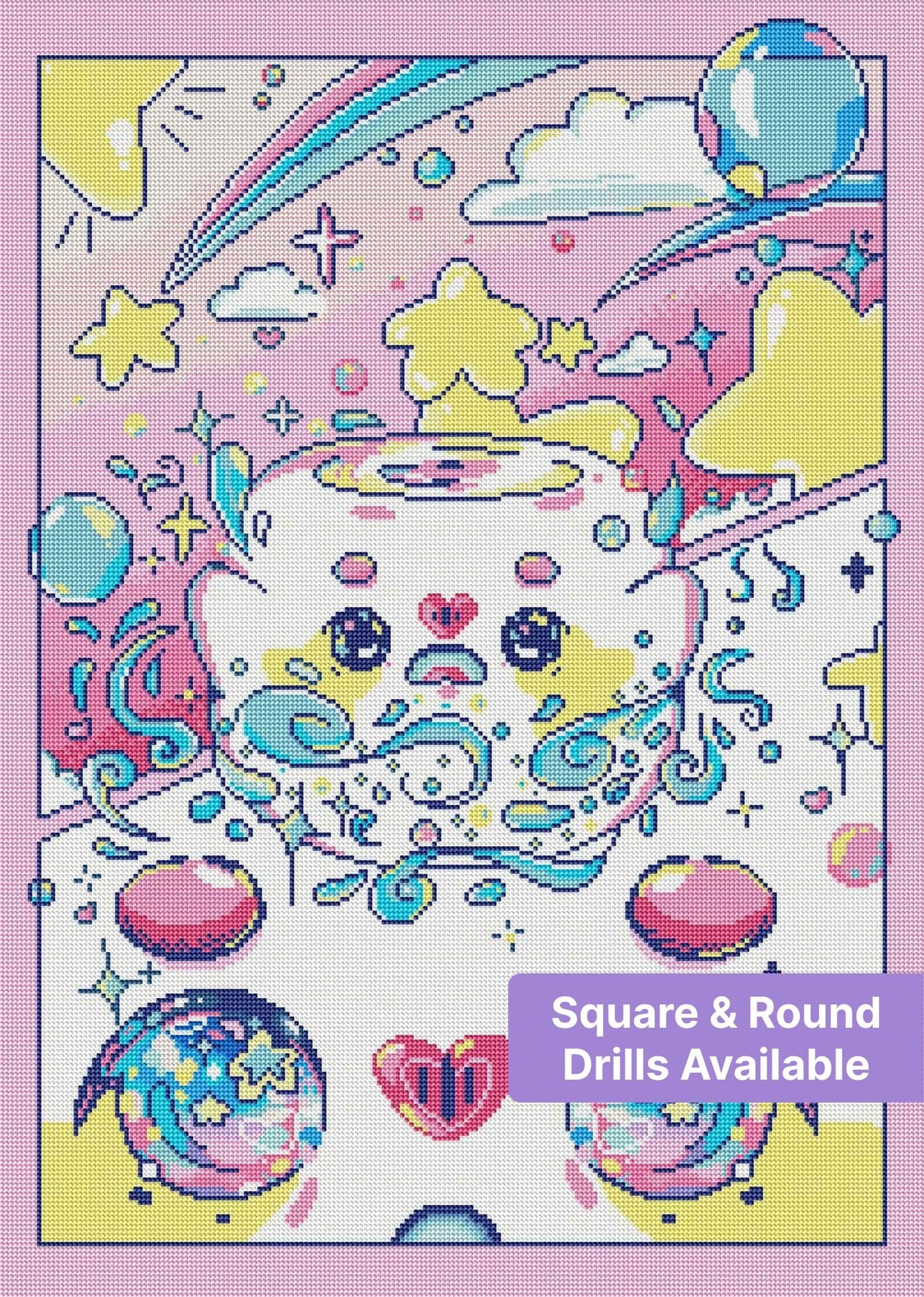 Cute cosmic cat with stars, clouds, and pastel rainbow swirls in kawaii cartoon style