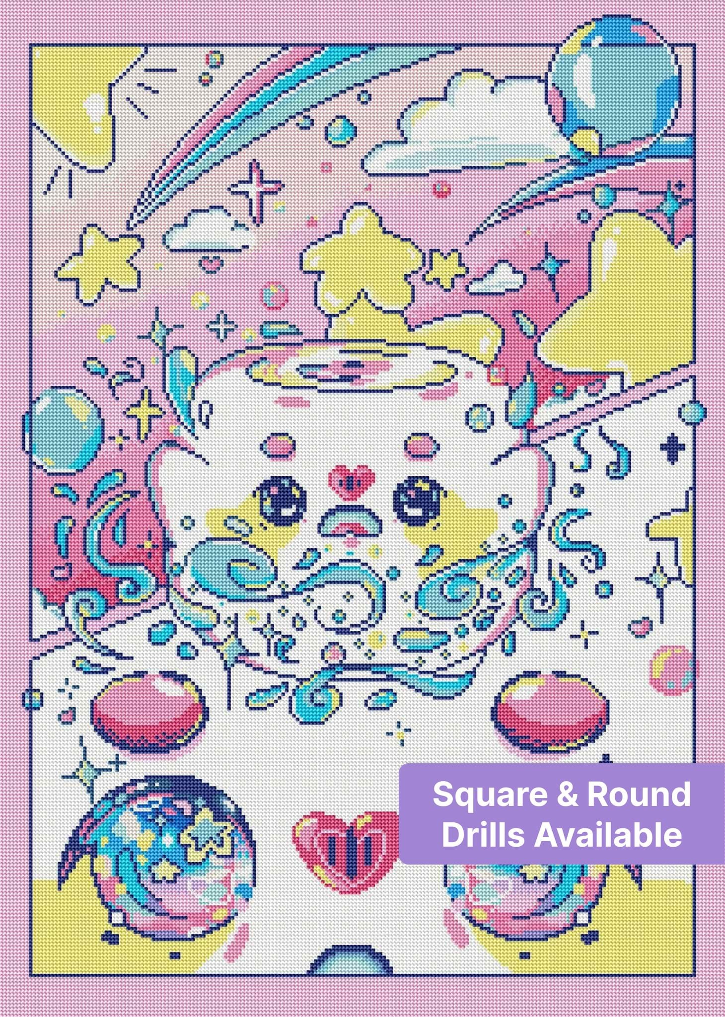 Cute cosmic cat with stars, clouds, and pastel rainbow swirls in kawaii cartoon style