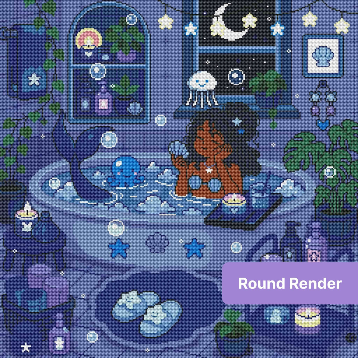 Mermaid bathing in a moonlit fantasy room with shells, stars, candles, and pastel blue tones