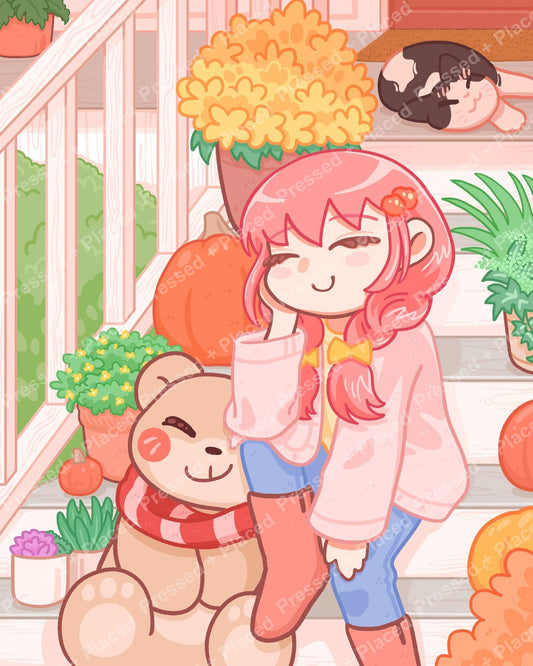 Chibi girl and teddy bear on a cozy autumn porch with pumpkins and flowers