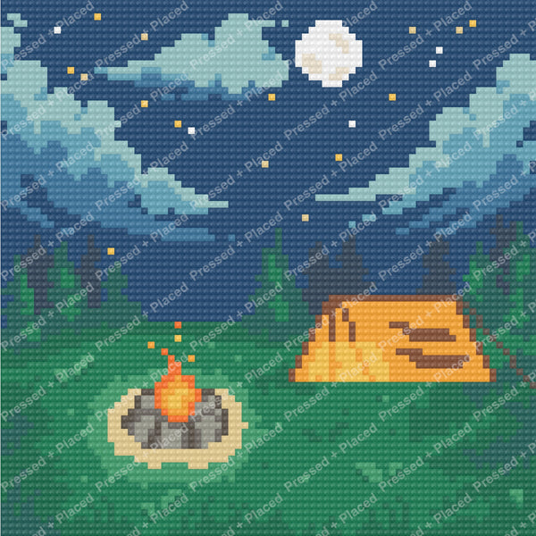 Moonlit camping scene with glowing campfire, tent, pine trees, and starry sky for diamond painting