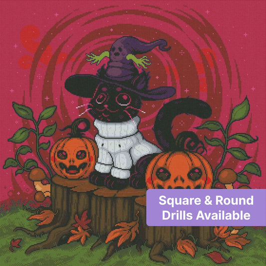Pixel-style witch cat with pumpkins, autumn leaves, and a vibrant Halloween backdrop