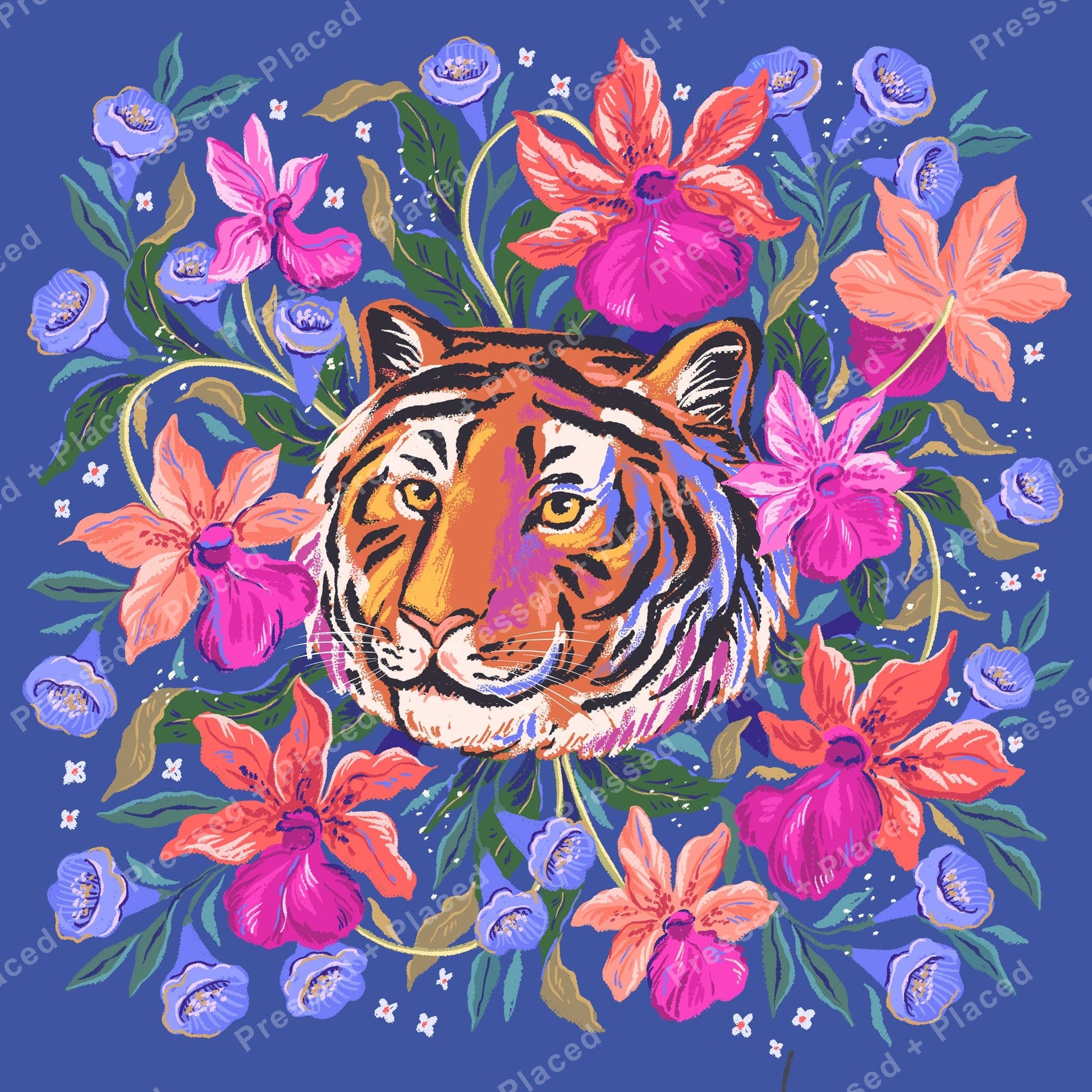 Illustrated tiger surrounded by bright tropical flowers on a deep blue background