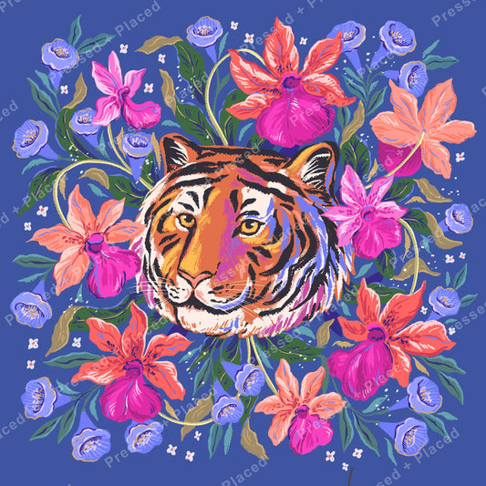 Illustrated tiger surrounded by bright tropical flowers on a deep blue background