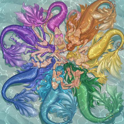 Seven colorful mermaids with flowing tails arranged in a circular rainbow fantasy design