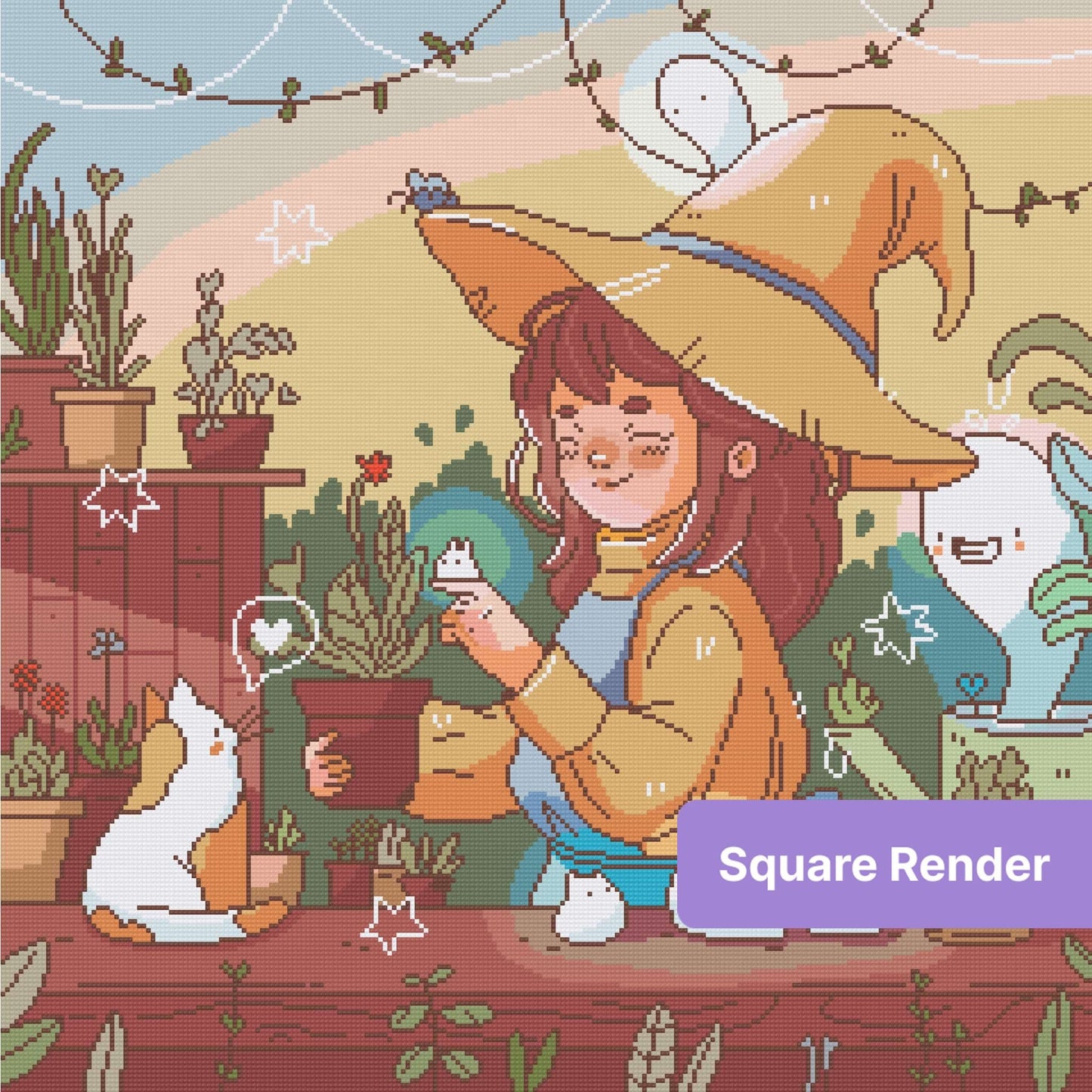 Cute cartoon witch girl in orange hat with potted plants and whimsical garden companions