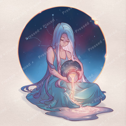 Fantasy girl with long blue hair pouring glowing light beneath a starry night sky