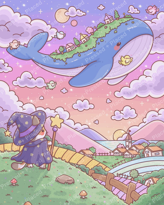 Cute pastel whale fantasy scene with clouds, village, and a little witch on a hill