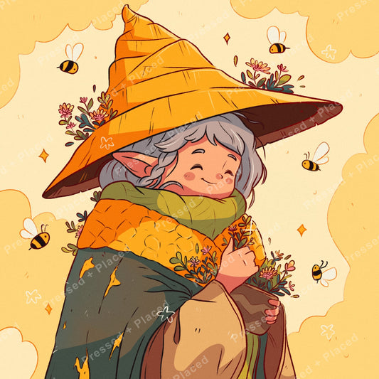 Cute fantasy witch with flowers and bees in warm autumn tones