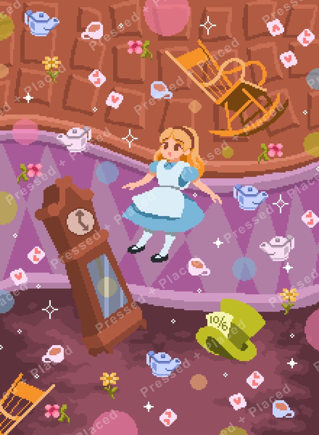 pixelated alice diamond art kit featuring a whimsical alice in wonderland scene