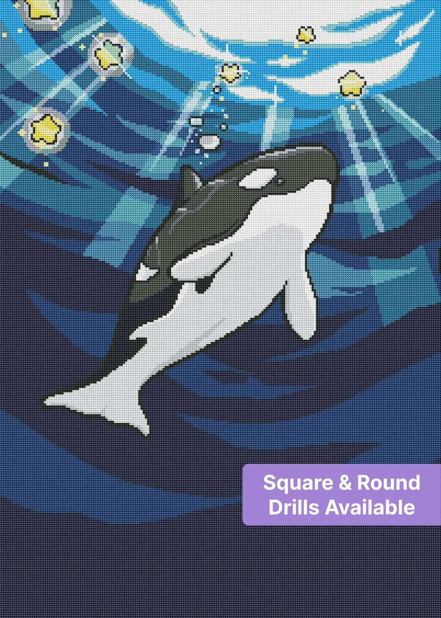 Orca whale swimming underwater with star-like lights in a bold cartoon style