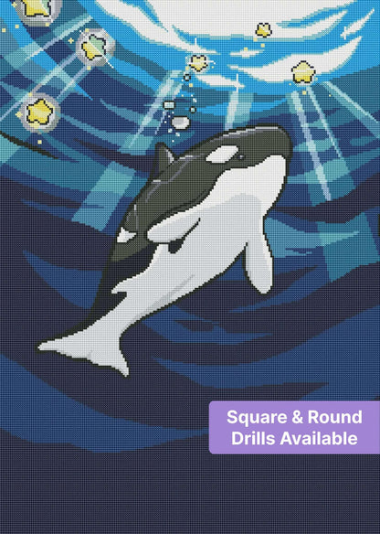Orca whale swimming underwater with star-like lights in a bold cartoon style