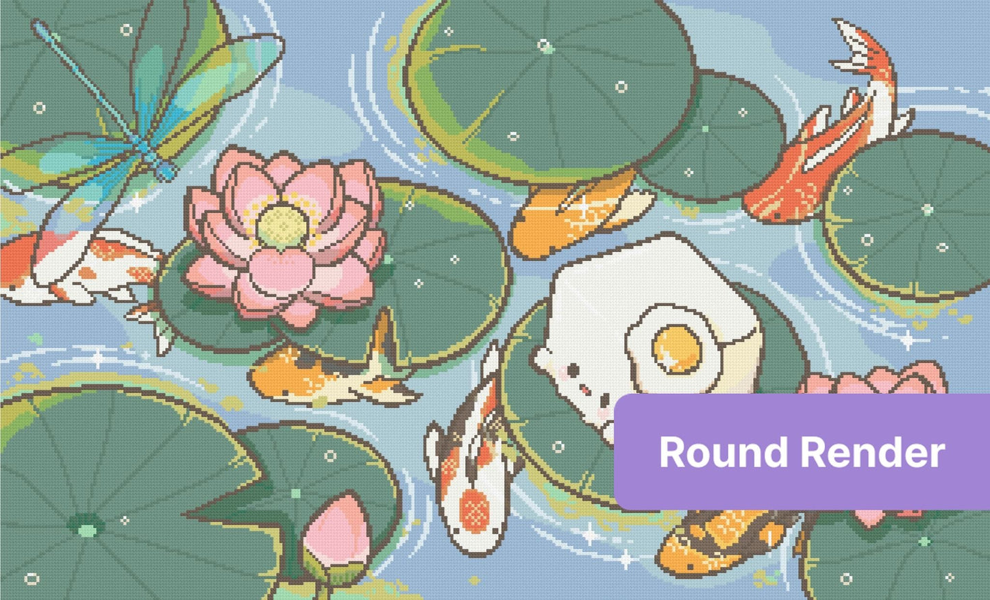 Cartoon koi fish swimming among lily pads and pink lotus flowers in a serene pond scene