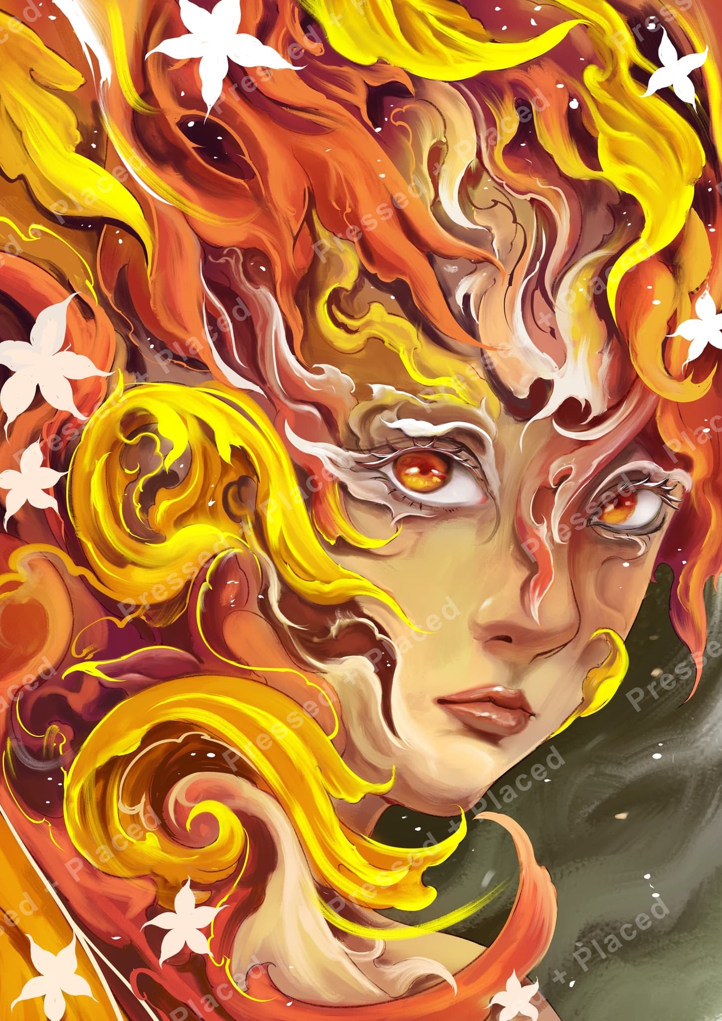 Abstract fantasy woman with fiery flowing hair, glowing eyes, and white floral accents