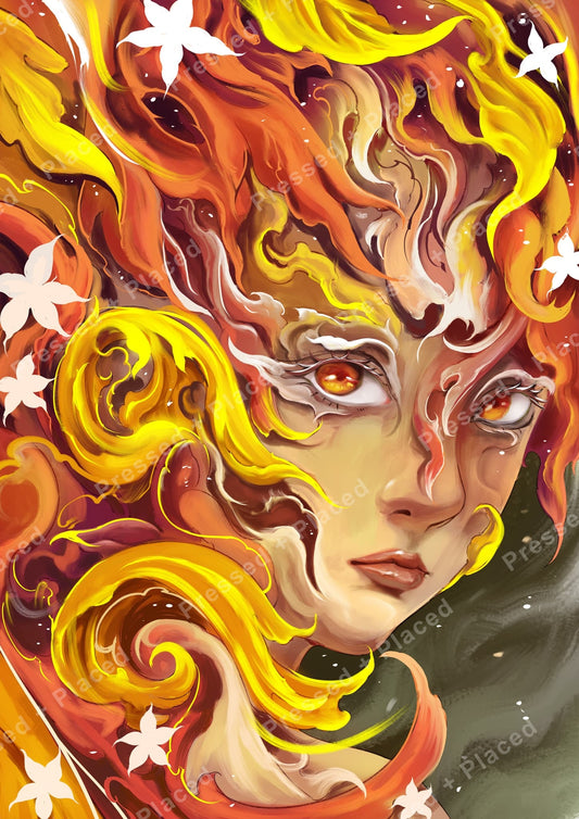 Abstract fantasy woman with fiery flowing hair, glowing eyes, and white floral accents