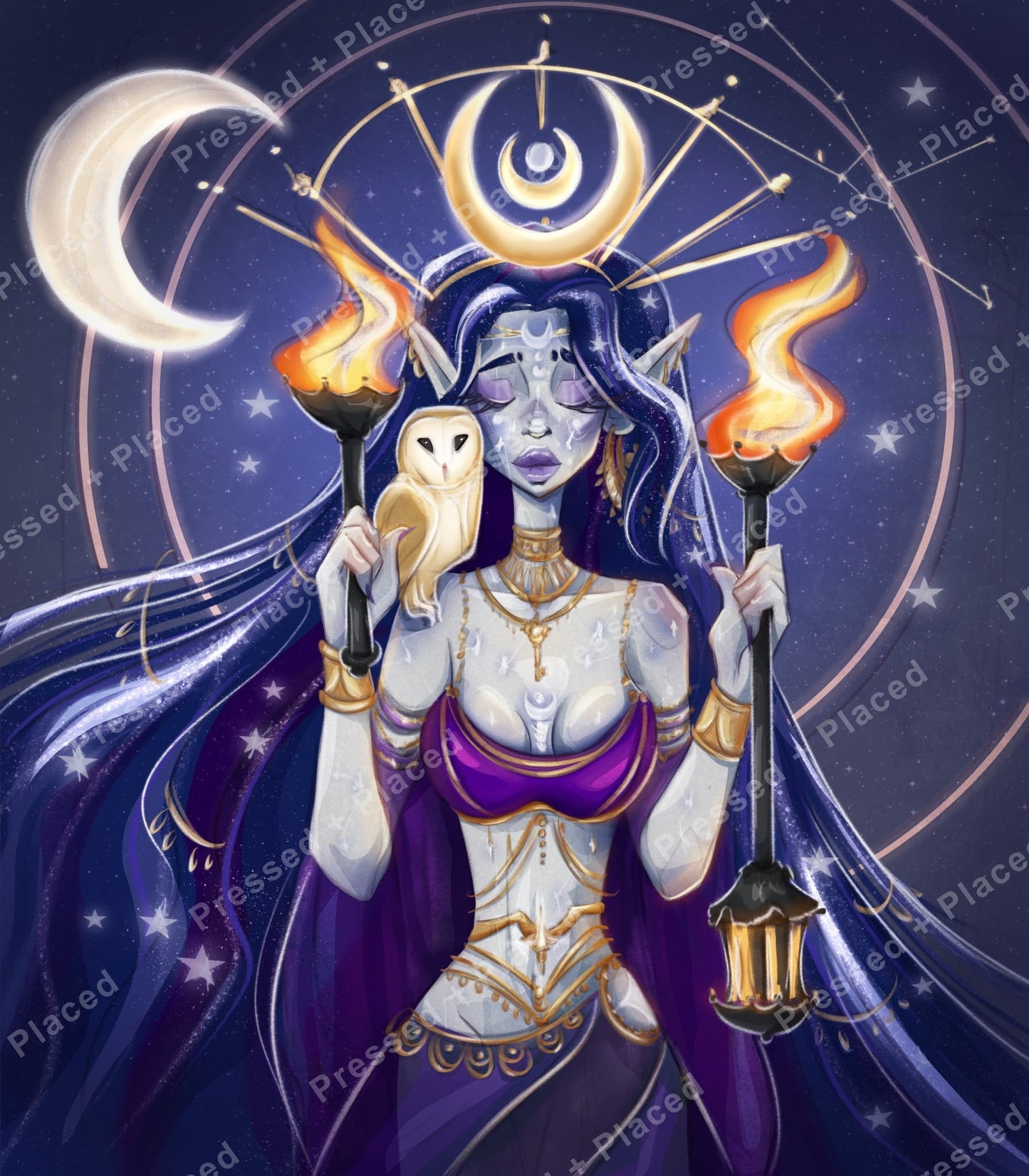 Fantasy goddess with owl, crescent moons, and flaming torches in a starry night scene