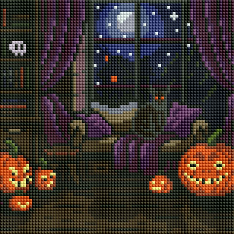Halloween diamond painting kit with four cozy pumpkin cottage scenes and dark autumn colors