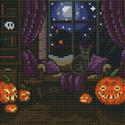 Halloween diamond painting kit with four cozy pumpkin cottage scenes and dark autumn colors