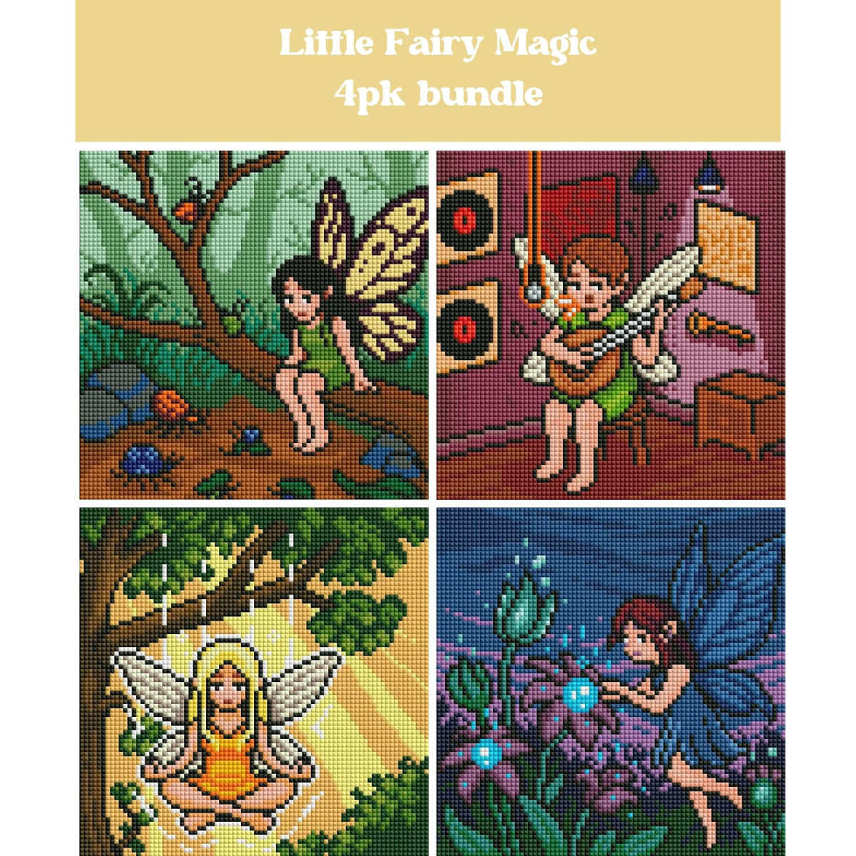 Four fairy-themed diamond painting scenes with woodland, music, and garden fantasy designs