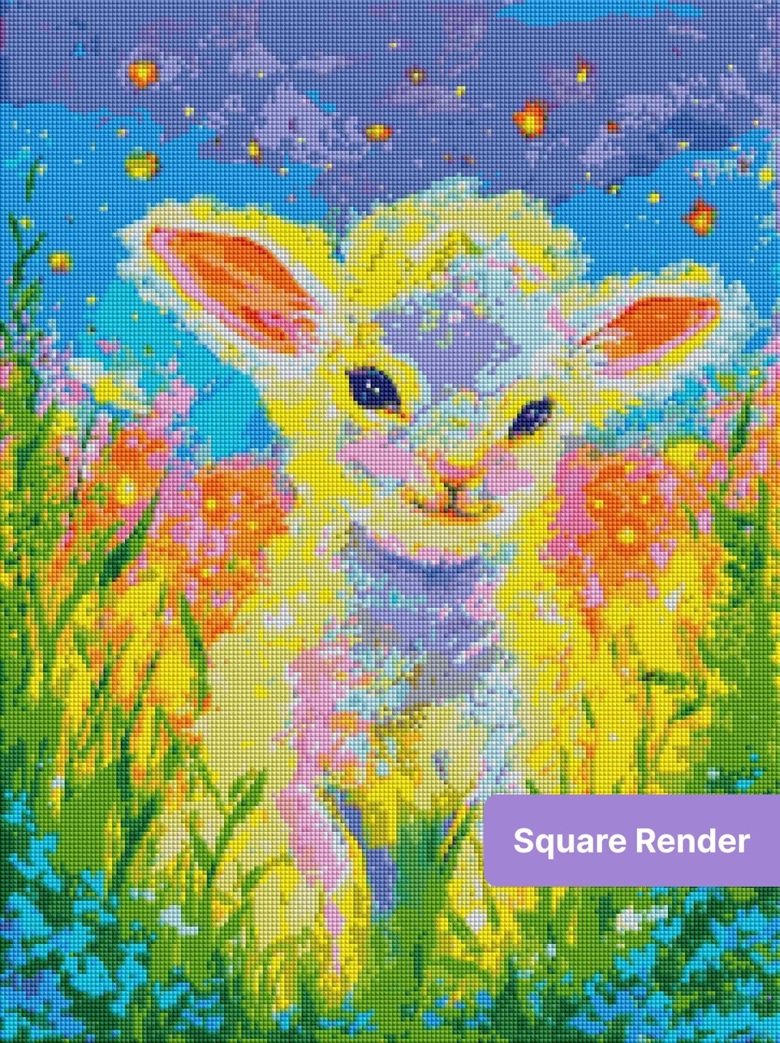 Colorful lamb in a vibrant meadow with glowing flowers and a dreamy twilight sky