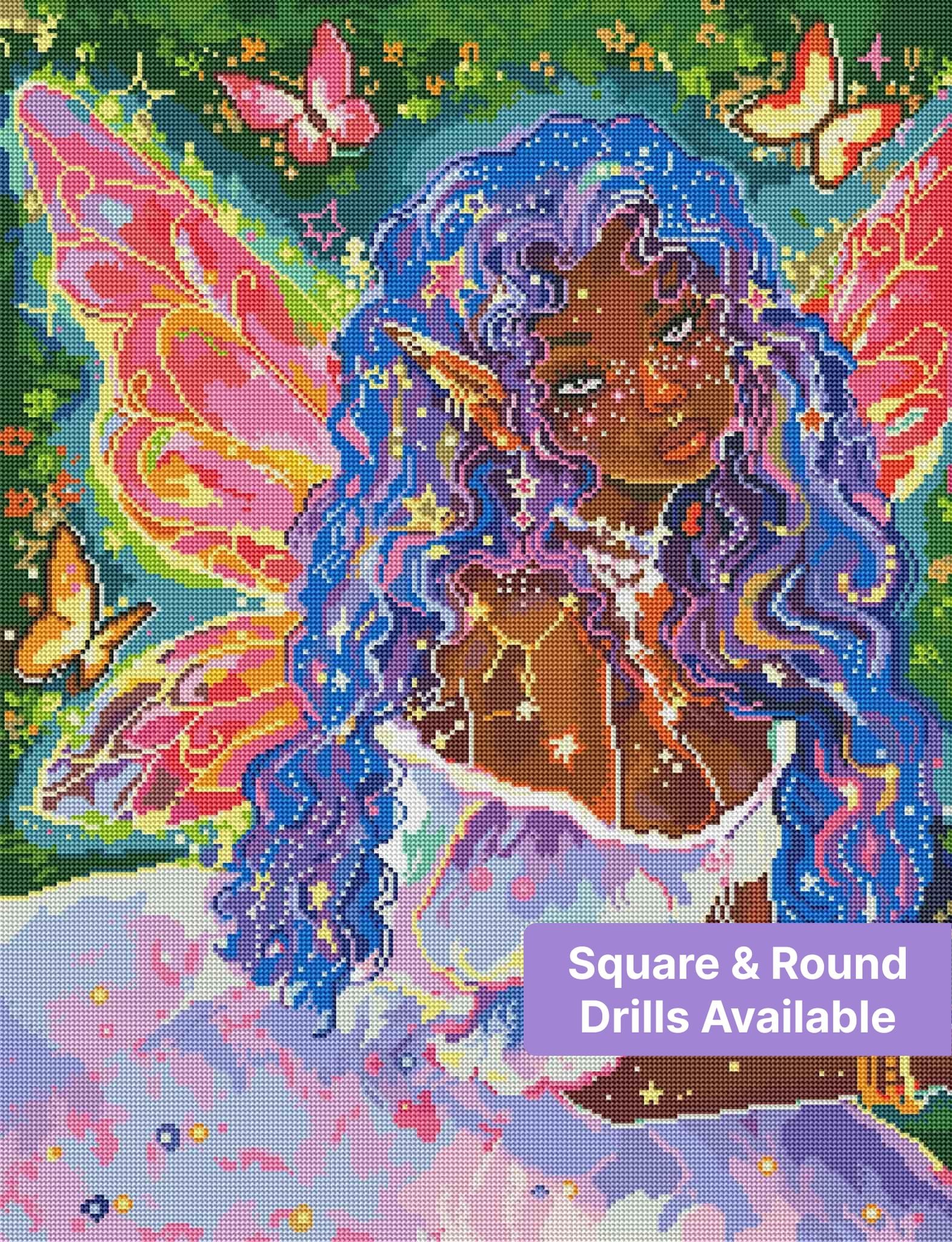 Fantasy fairy girl with purple hair, butterfly wings, and sparkling stars