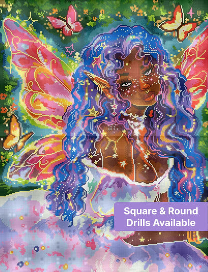 Fantasy fairy girl with purple hair, butterfly wings, and sparkling stars