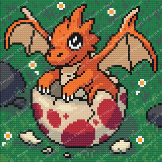 Pixel art dragon with orange wings on a green background, diamond painting style