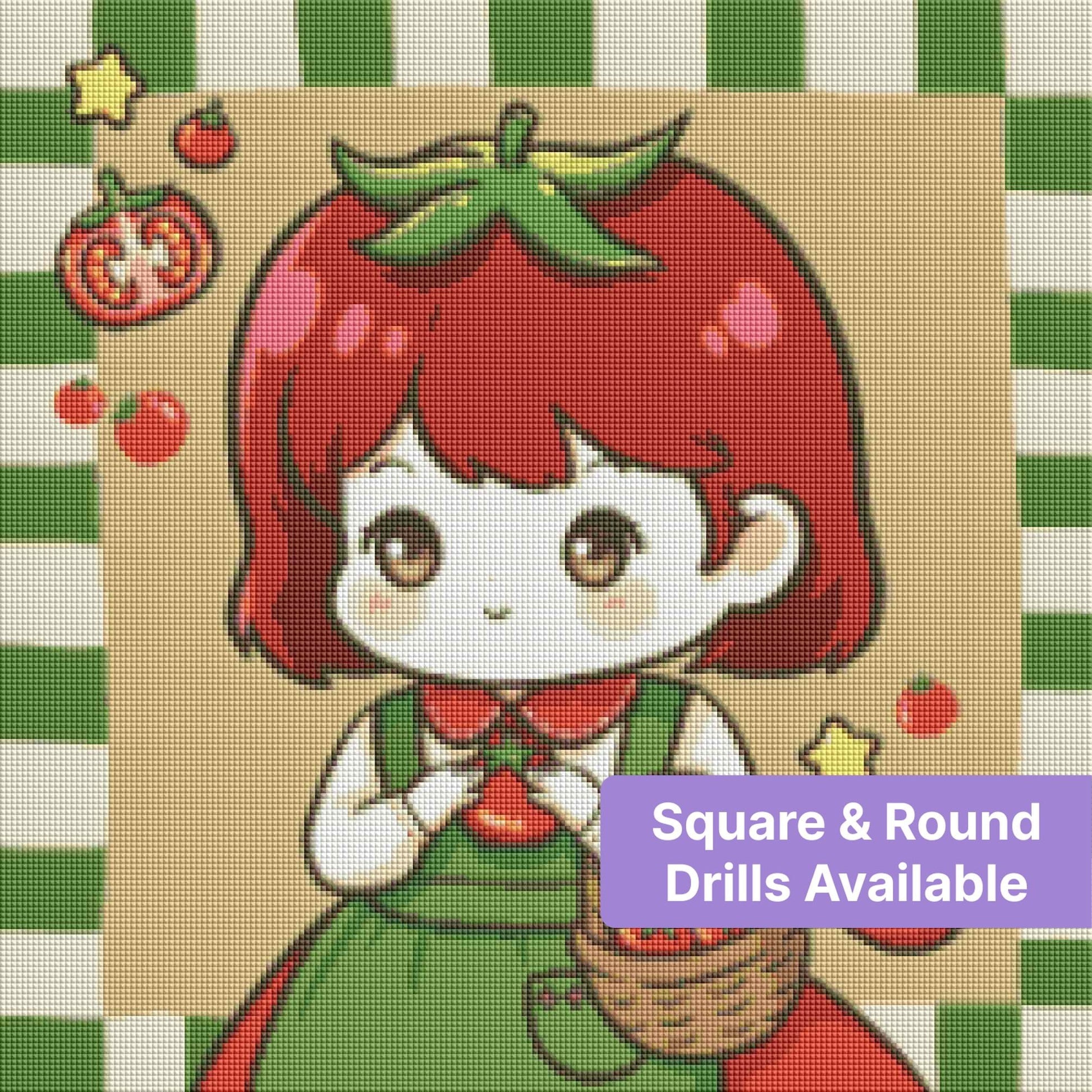 Cute kawaii tomato girl with basket, stars, and garden-inspired colors