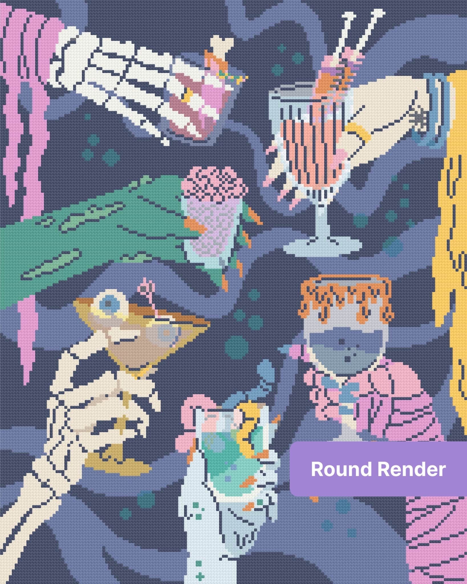 Stylized skeleton hands holding colorful cocktails in a spooky gothic party scene