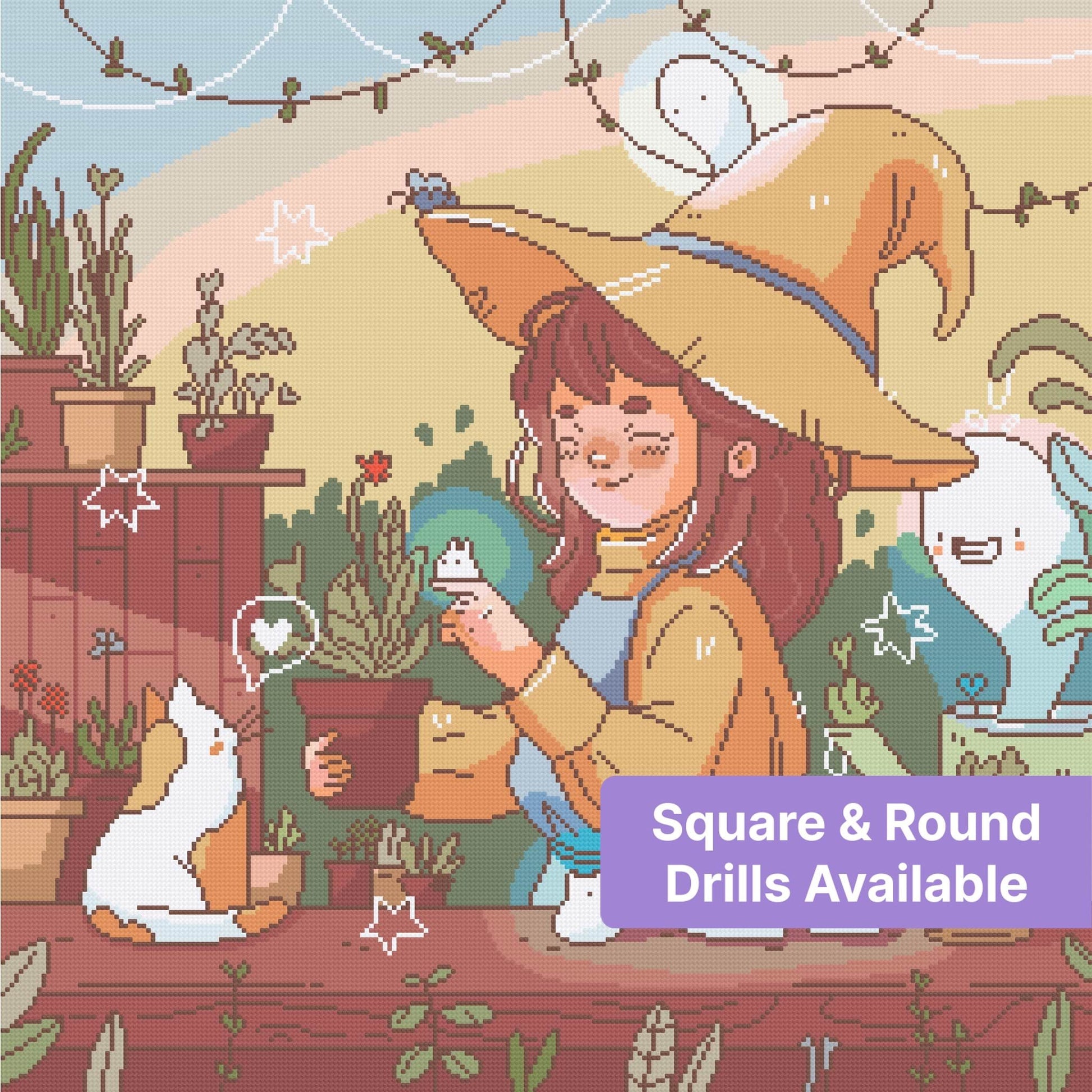 Cute cartoon witch girl in orange hat with potted plants and whimsical garden companions