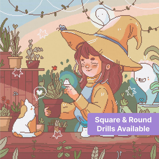Cute cartoon witch girl in orange hat with potted plants and whimsical garden companions