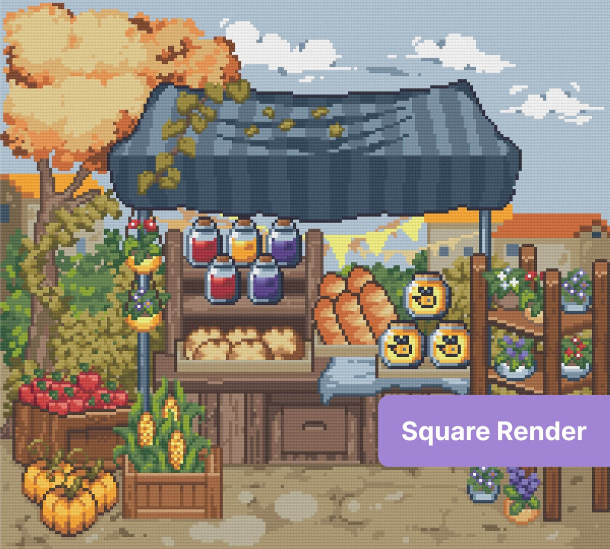 Autumn market stall with pumpkins, flowers, and rustic harvest goods in pixel-art style