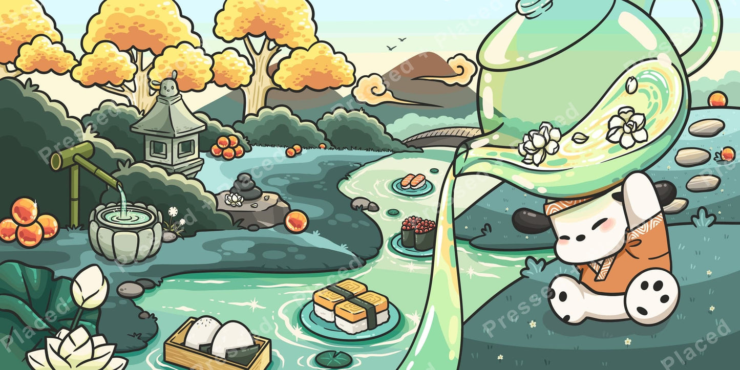 Cute bunny in a Japanese garden with pastel trees, pond, and pagoda style details
