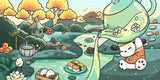 Cute bunny in a Japanese garden with pastel trees, pond, and pagoda style details