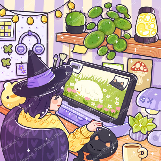 Cute witch at a cozy desk with plants, cat, and pastel fantasy décor