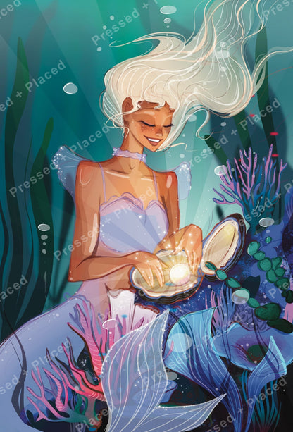 Fantasy mermaid holding a glowing seashell surrounded by colorful coral and sea plants
