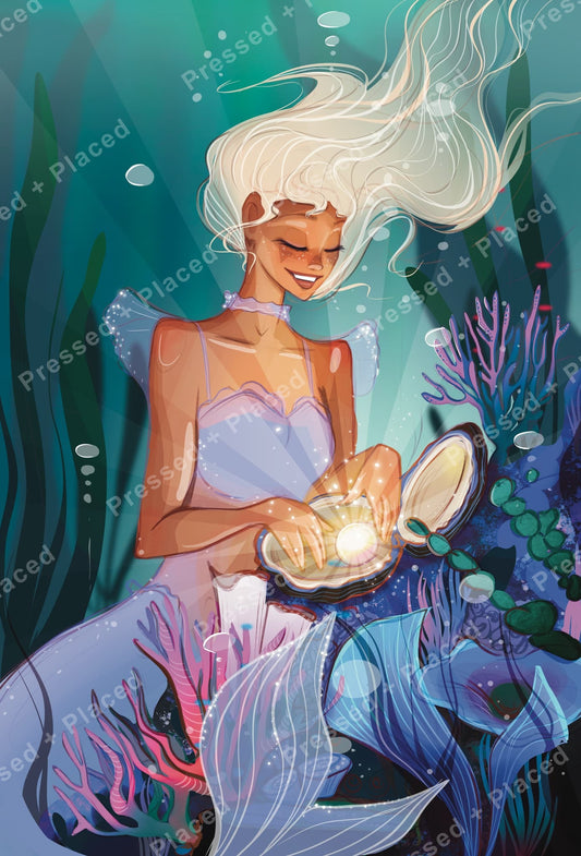 Fantasy mermaid holding a glowing seashell surrounded by colorful coral and sea plants
