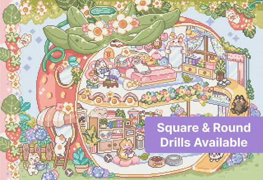 Pastel strawberry cat house with adorable animals, flowers, and cozy fantasy room details