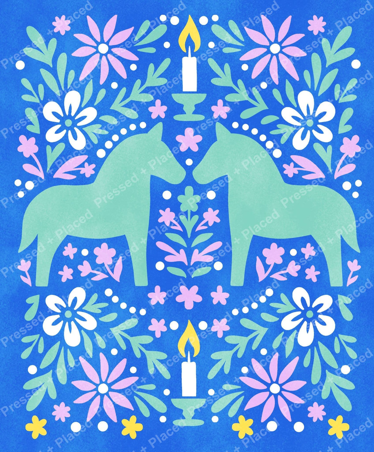 Mirrored horse floral folk art with candles on a blue background