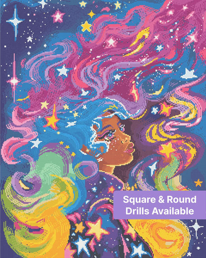 Vibrant cosmic goddess with flowing rainbow hair, stars, and a fantasy celestial background