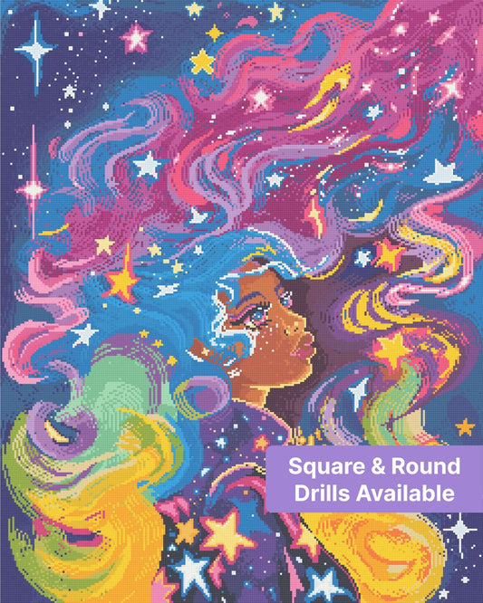 Vibrant cosmic goddess with flowing rainbow hair, stars, and a fantasy celestial background