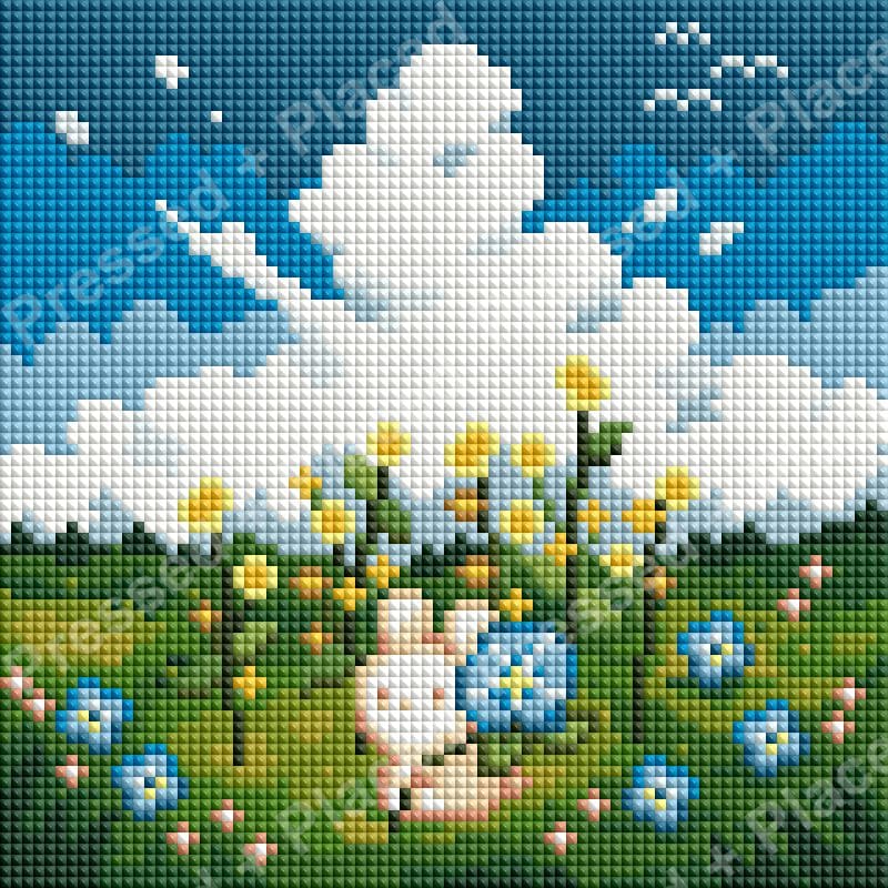 Bunny in a colorful spring meadow with flowers, clouds, and blue sky diamond art style