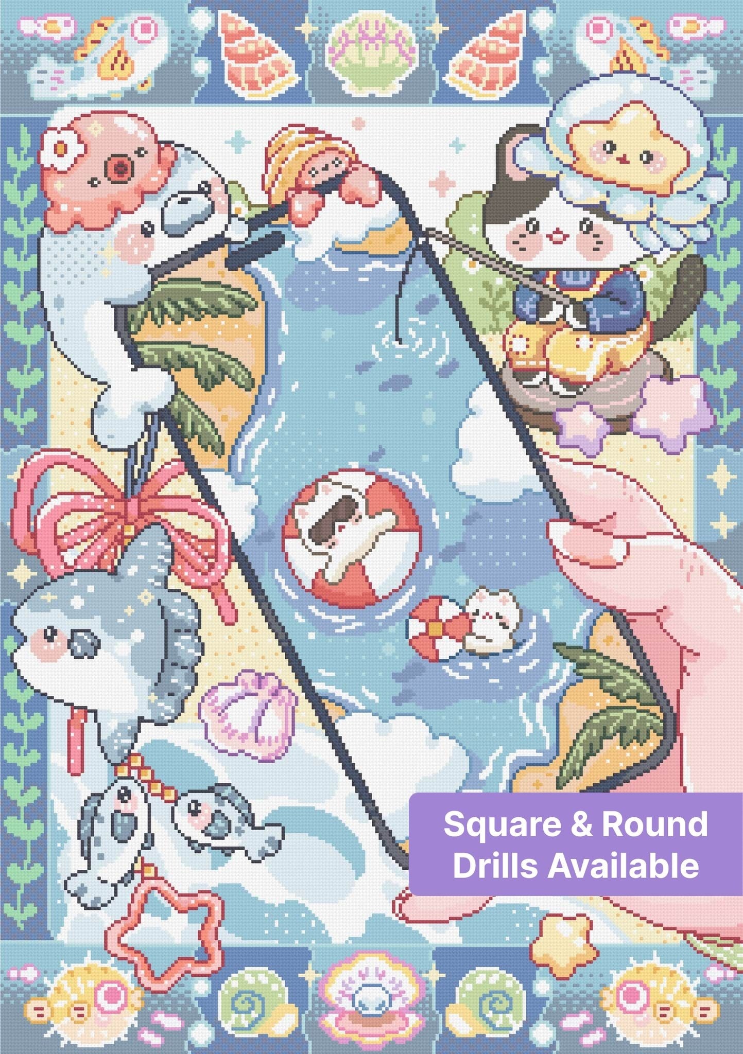Cute kawaii ocean animal diamond painting with pastel shells, fish, and blue seaside scene